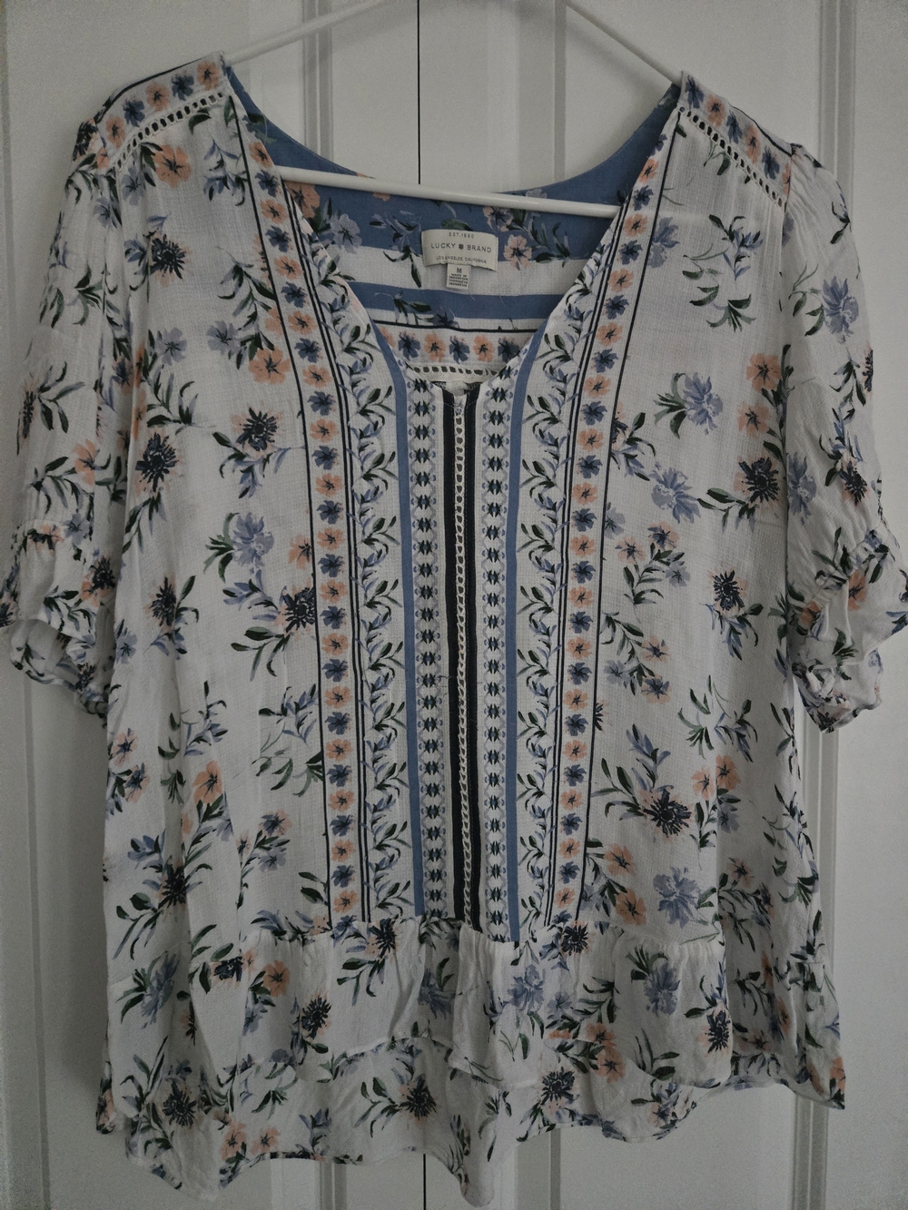 Lucky Brand White Floral Peasant Blouse with Blue and Peach Details